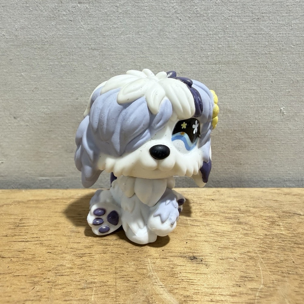 Littlest Pet Shop LPS 466 Gray White Sheepdog Yellow Blue Flower Eyes 2007 Dog